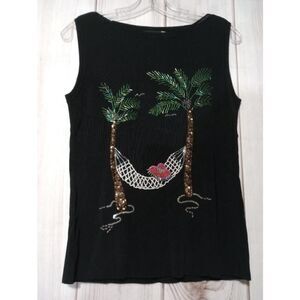 Sweaterworks Black Sleeveless Tank Top Palm Tree‎ Hammock Beaded Sequin M